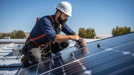 Wall Mural - An engineer checks the quality of installation and operation of the solar panels