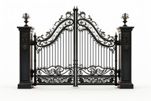 Black Iron Gate With Decorative Design On It's Sides.