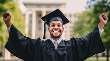 Wall Mural - Happy smiling graduating student guy in an academic gown puts his hands up on college background