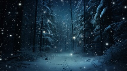 Wall Mural - Photo of a tranquil winter night in a snowy forest with snowflakes gently covering the trees