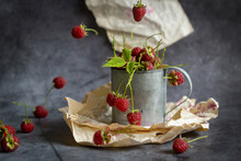 Ripe, Sweet Raspberries On A Dark Background, Vintage Style.