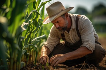 The farmer examining of corn on green farm at sunset, AI Generated