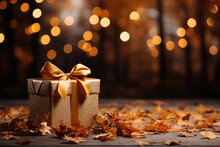 Gift Box On Falling Autumn Leaves Background