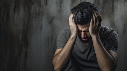 An unhappy man sits alone feeling sad, distressed, or afraid and raises his hands on his head. Human emotions, reaction and body language. Concept of fear, domestic violence, despair or anxiety.