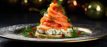 Festive Xmas Snack Canape With Salmon Cream Cheese Dill Horseradish Pate And Red Caviar With Copyspace For Text