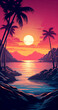 Vintage Hawaiian poster with copy editorial space.  colorful sunset poster of palm trees, ocean, setting sun silhouettes against a red and yellow landscape. 