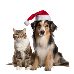 Wall Mural - happy dog and cat isolated on transparent background wearing a christmas hat	