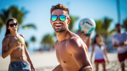 Poster - Group of friends playing beach volleyball