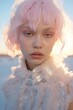 © Glittering Humanity - Portrait of a beautiful blonde woman in a pink winter fur jacket. Pastel desert, fresh winter morning. Alien world on another planet. Glitter make up, pale skin and surreal landscape around her.