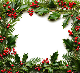 Wall Mural - christmas frame with holly berries and leaves,fir tree branches on white background, closeup, top vi