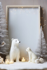 Wall Mural - Christmas home decor with candles, figures of bears, empty picture frame and Christmas ornaments on table.