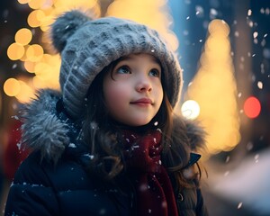 portrait of a beautiful girl against the background of a Christmas decorated city in Europe, city lights and garlands, bokeh, New Year, Christmas and holiday concept