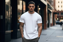 Man Wearing A White T-shirt Standing On A Street Mock Up