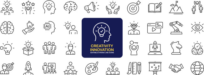 Leinwandbilder - Creativity innovation set of web icons in line style. Creative business solutions icons for web and mobile app.Creative idea, team management, solution, brainstorming, invention. Vector illustration