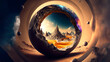 © lucky pics - surreal desert landscape with transparent interdimensional portal bubble with distant moutain city, neural network generated art. Digitally generated image. Not based on any actual person, scene or