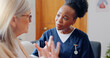 © Wesley JvR/peopleimages.com - Frustrated, sad woman speaking or nurse with results in consultation for bad news or cancer. Stress, lady talking or caregiver with a depressed mature patient for empathy, sympathy or help in home