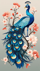 Wall Mural - A colorful peacock sits on a branch with beautiful bright flowers, illustration