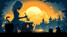 Young Blonde Sorceress Stirs Blue Potion In Cauldron, Black Cat Silhouette On Plain Background.