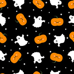 Sticker - Halloween vector seamless pattern. Funny pumpkins with ghosts.