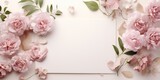 Fototapeta Sypialnia - Wedding, birthday stationery mock-up scene. Blank paper greeting card, invitation. Decorative floral composition. Closeup of pink roses petals, peonies, hydrangea flowers and eucalyptus leaves. 