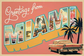 Vintage postcard with hand-drawn elements - Miami, Florida
