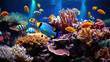 Aquarium fish swim among algae and stones, corrals and underwater plants in an aquarium