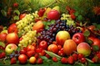 abundant collection of fruits showcased in a vibrant mix of green and crimson hues laid out on the grass. Generative AI
