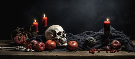 Canvas Print - Halloween themed table decorated with scary items With copyspace for text