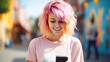 young beautiful teenager hipster girl with pink hair using mobile phone, modern gen z youth concept