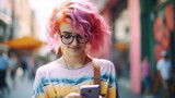 Fototapeta  - young beautiful teenager hipster girl with pink hair using mobile phone, modern gen z youth concept