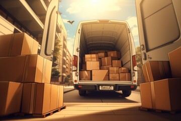 Wall Mural - Moving day depicted by an open van brimming with packed cartons