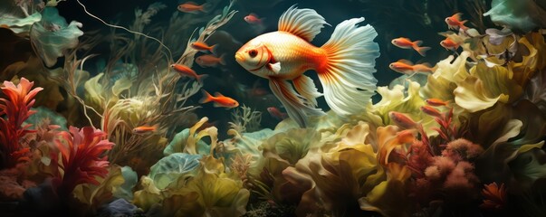 Canvas Print - Fish in freshwater aquarium with beautiful planted tropical. Colorful back
