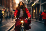 Fototapeta Miasto - Divine Ride: Jesus Cycling Through the Streets