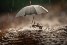 Small Ant Sheltering Under An Umbrella. Generative AI