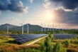 Renewable energy sources - solar panel, photovoltaic cell, wind turbine farm in natural landscape. Generative AI