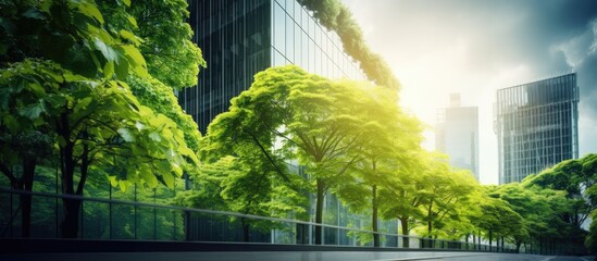 Wall Mural - green concept highlighting an eco friendly building with a vertical garden and trees in a modern cit