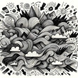 A marker sketch style vector illustration filled with squiggles, lines, and waves. Charcoal scribble stripes dominate the canvas, with emphasis arrows highlighting various elements. Chalk crayon