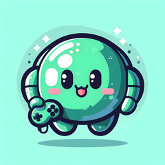 green round cute character with headphones holding game controller