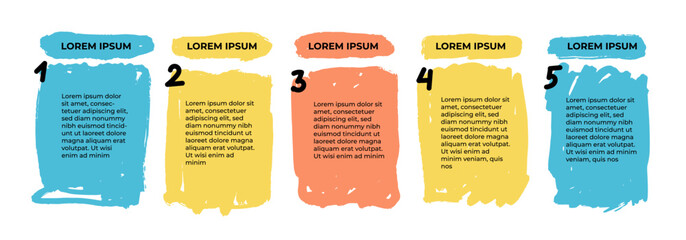 5 steps infographic with hand drawn text boxes. Step by step instruction. Empty chart design template. Data visualization. Design element for presentation with copy space. Workflow layout with list