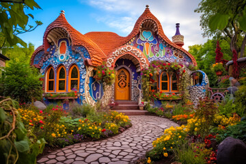 Whimsigothic style fantasy house exterior design, orange and blue, garden