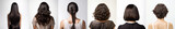 Fototapeta  - Various haircuts for woman with dark brown hair - long straight, wavy, braided ponytail, small perm, bobcut and short hairs. View from behind on white background. Generative AI