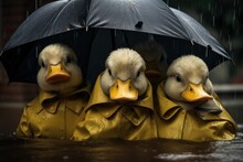 AI Generated Illustration Of Three Ducklings Wearing Yellow Coats Under An Umbrella