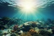 Abstract marine backgrounds with sun beam and underwater landscape. Generative AI