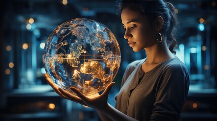 young woman, futuristic environment, gazes, transparent, spherical object. delicately in her hands, vivid representation, Earth, luminous landmasses, intricate, networks,  connections or energy grids.