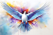 Modern Colorful Watercolor Painting Of A White Dove, Textured White Paper Background, Vibrant Paint Splashes. Created With Generative AI