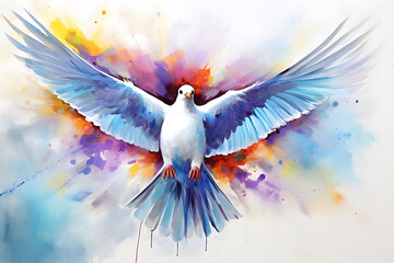 Modern colorful watercolor painting of a white dove, textured white paper background, vibrant paint splashes. Created with generative AI