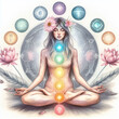 7 Chakras human body, Yoga meditation, aura, spiritual and Yin Yang symbols, balancing your life in nature concept.