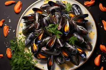 Wall Mural - Mussels on a plate background poster with copy space | Generative AI