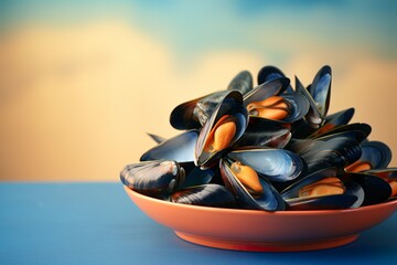 Wall Mural - Mussels on a plate background poster with copy space | Generative AI