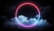 Red circle neon light on a dark background of clouds. Copy space for text, advertising, message, logo